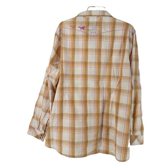Bit Bridle Western Pearl Snap Shirt XXL Yellow Plaid Pink Embroidered Cowgirl - Picture 2 of 10